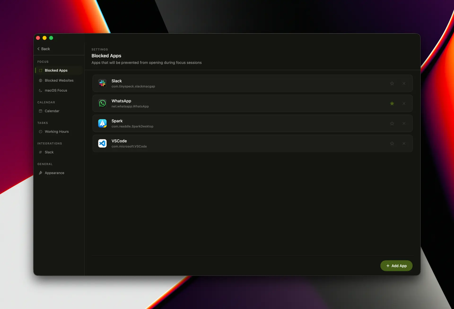 Blocked Apps settings in Intentional listing Slack, WhatsApp, Spark and VS Code