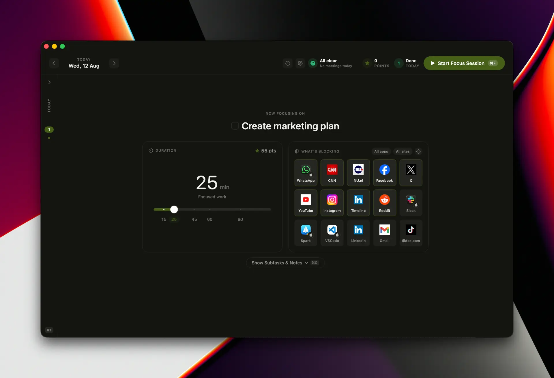 Intentional focus session timer with blocked apps on macOS