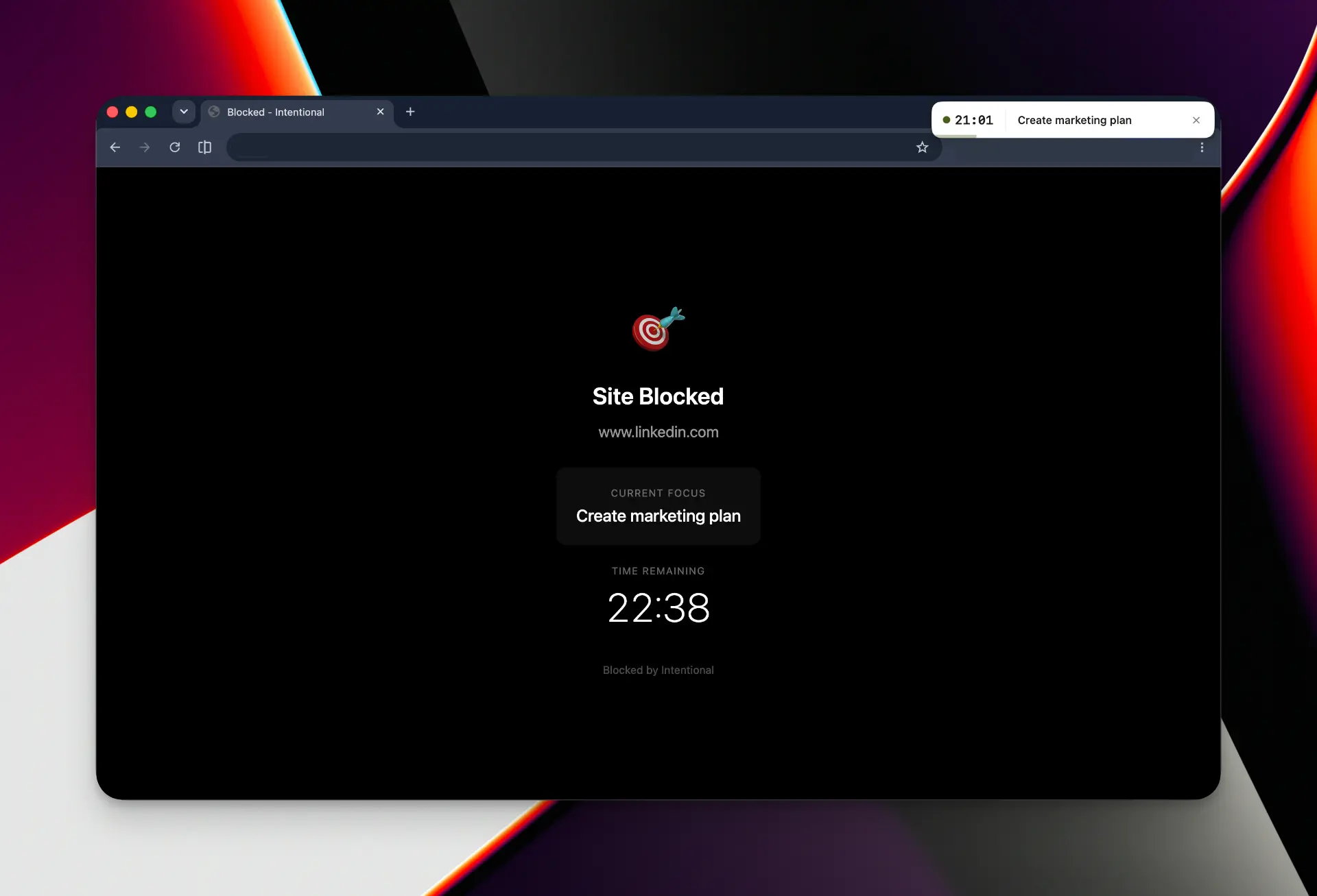 Browser showing the Intentional site blocked screen with the current focus task and remaining time