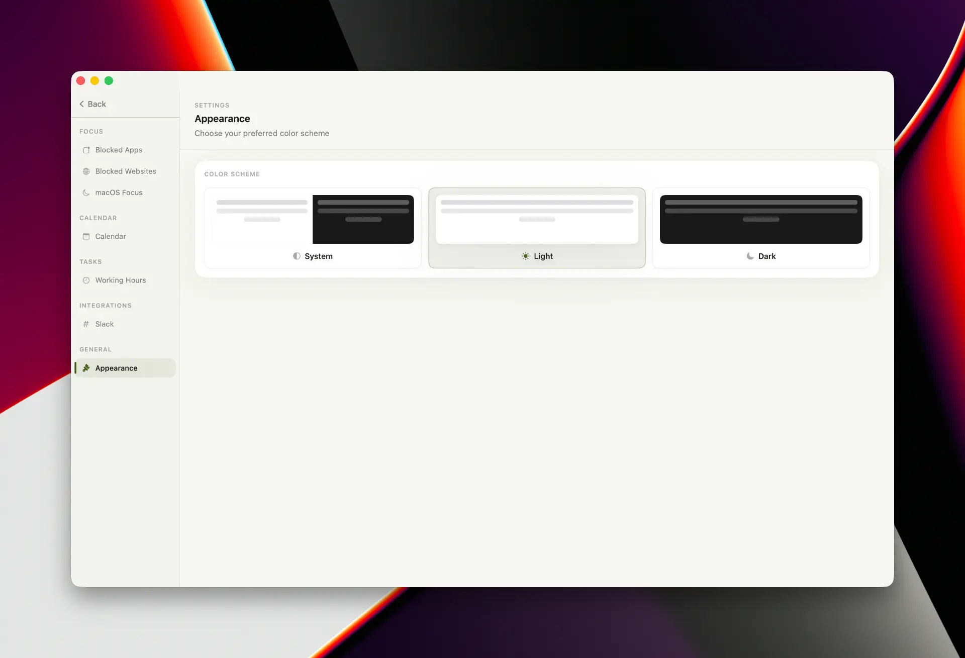 Intentional appearance settings with system, light and dark color schemes