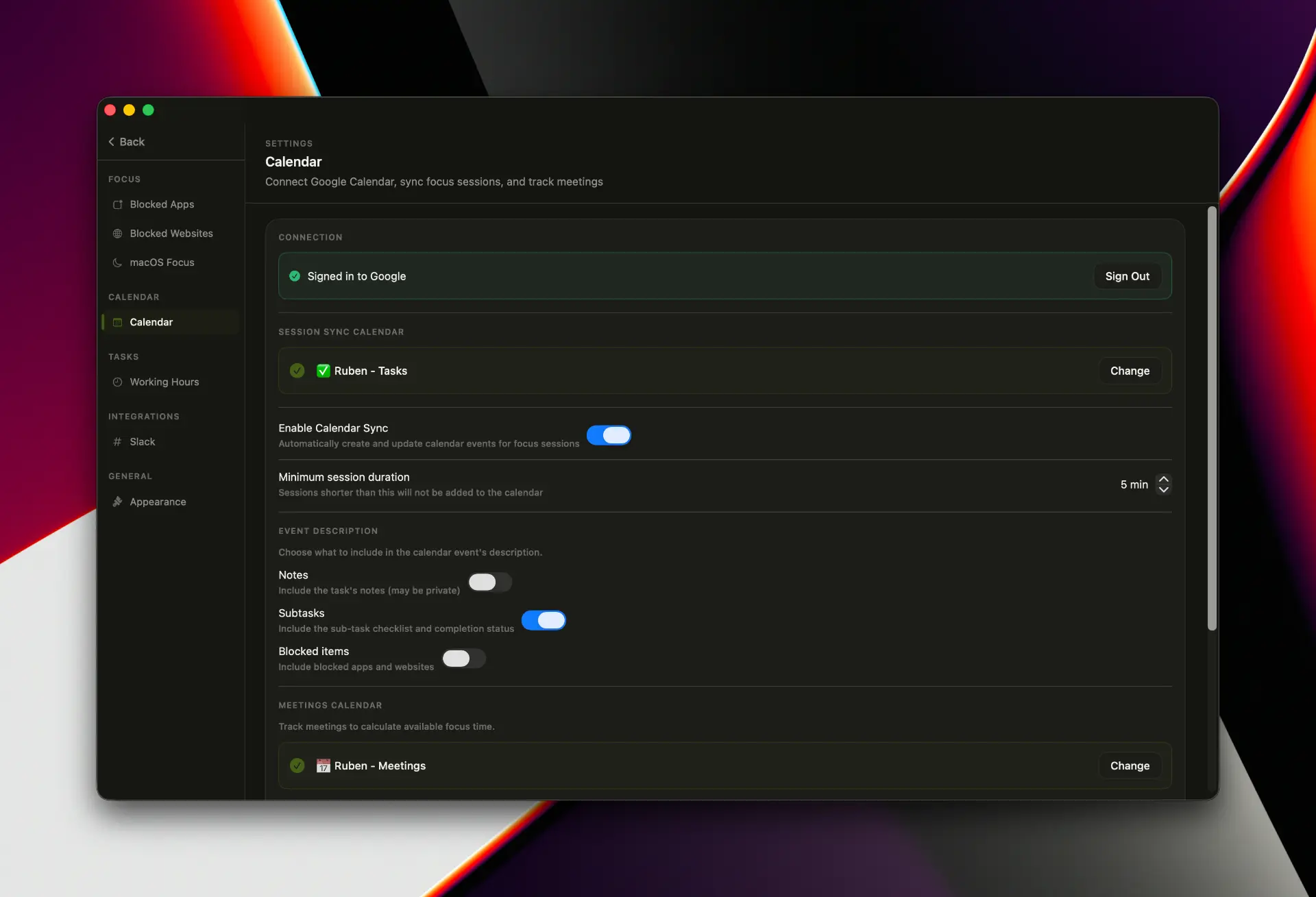 Google Calendar sync settings in Intentional for focus sessions and meetings