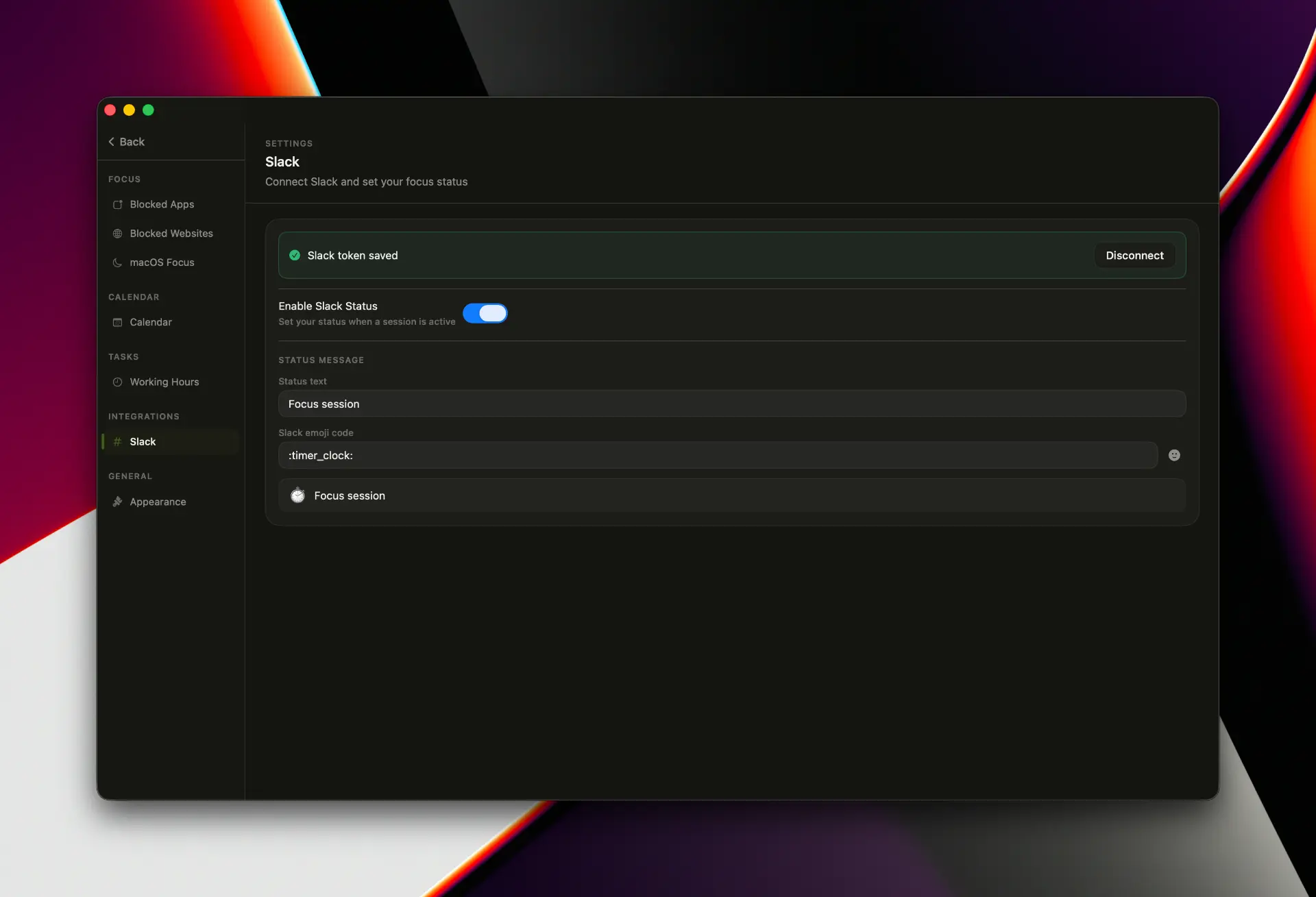 Slack integration settings in Intentional with an automatic focus session status
